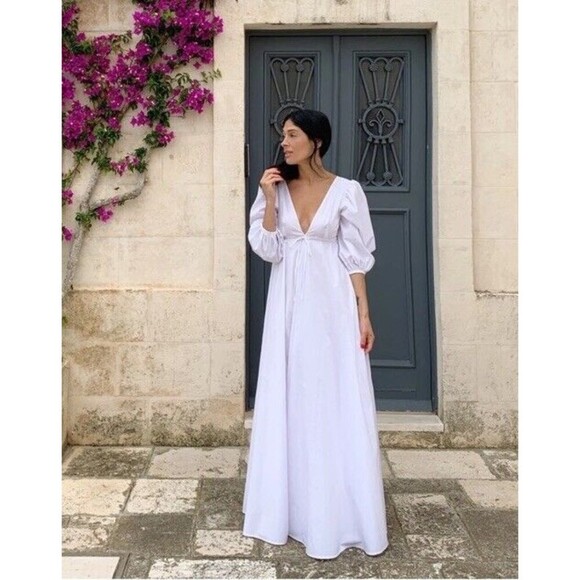 STAUD AMARETTI DRESS Plunge Neck Bishop Sleeve Gown Maxi Dress White Size L - Picture 5 of 15